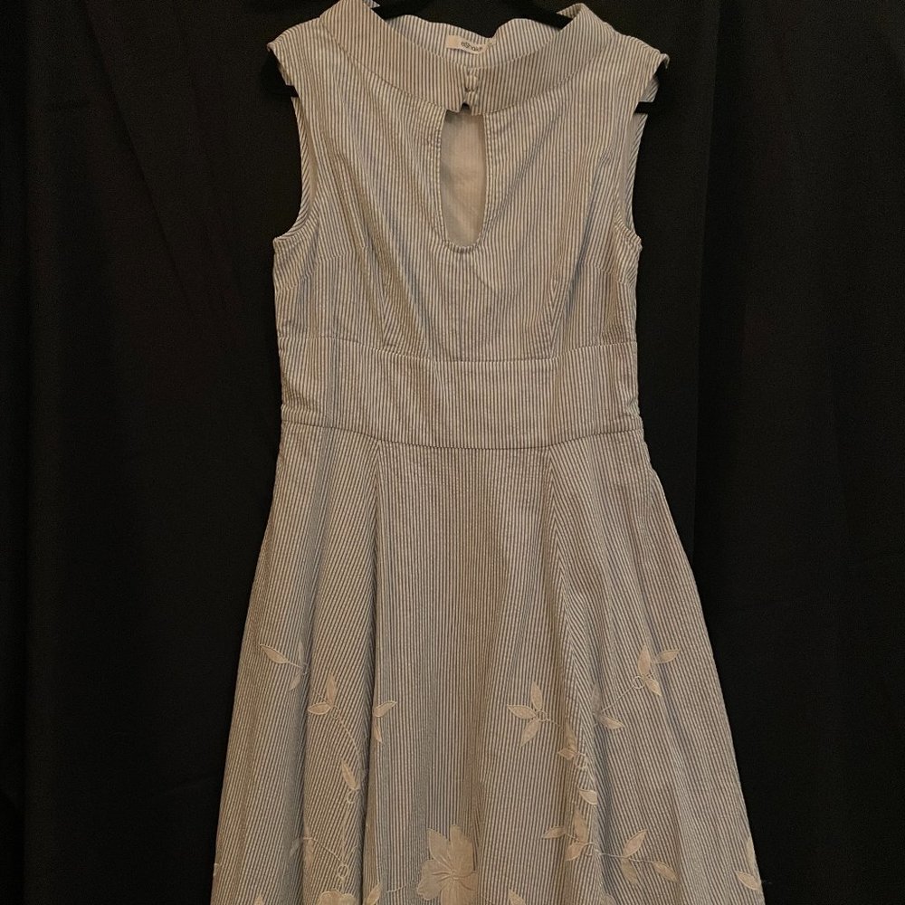Blue/White Seersucker embellished High-Neck Sundress
